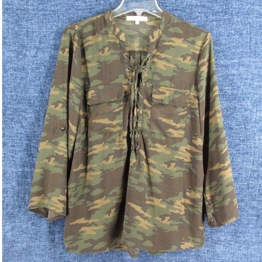 Wishful Park Camo Blouse Womens L Green Woven Relaxed Lace Up Utility Top